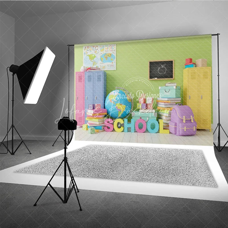 Lofaris Back to School Photography Backdrop Colorful Locker Classroom Background Globe Book Photo Prop