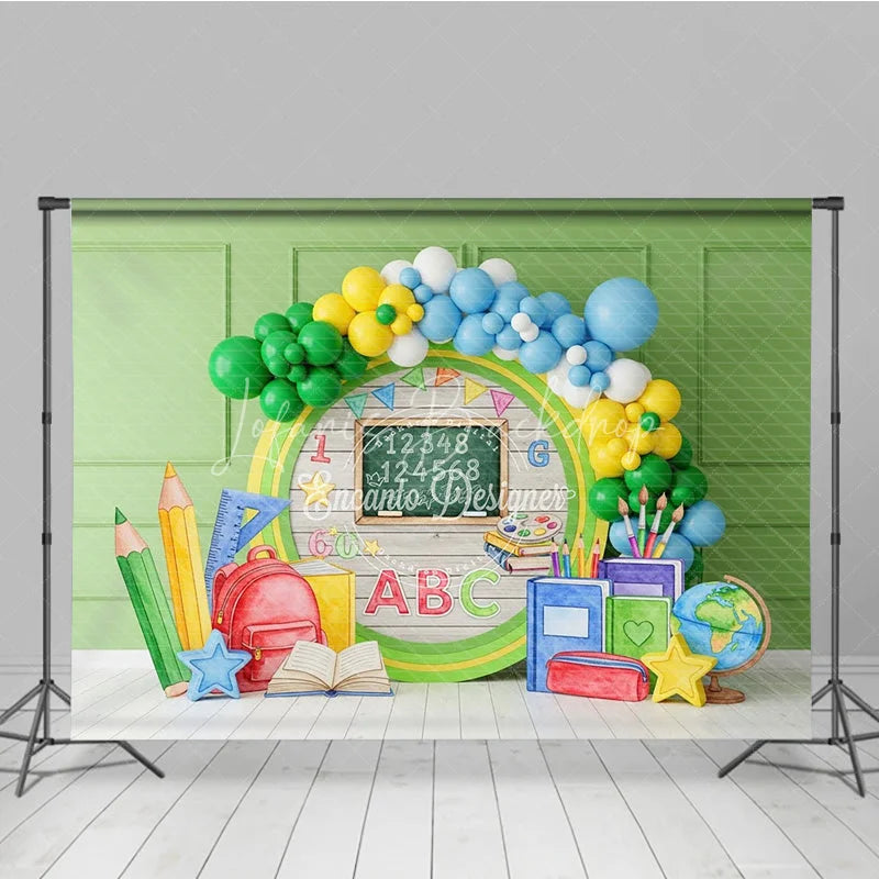 Lofaris Back to School Photography Backdrop Green Wood Chalkboard Backpack Background Rustic Class Photo Prop