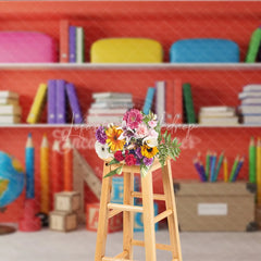 Lofaris Back to School Photography Backdrop Red Bookshelf Library Background Study Room Photo Prop