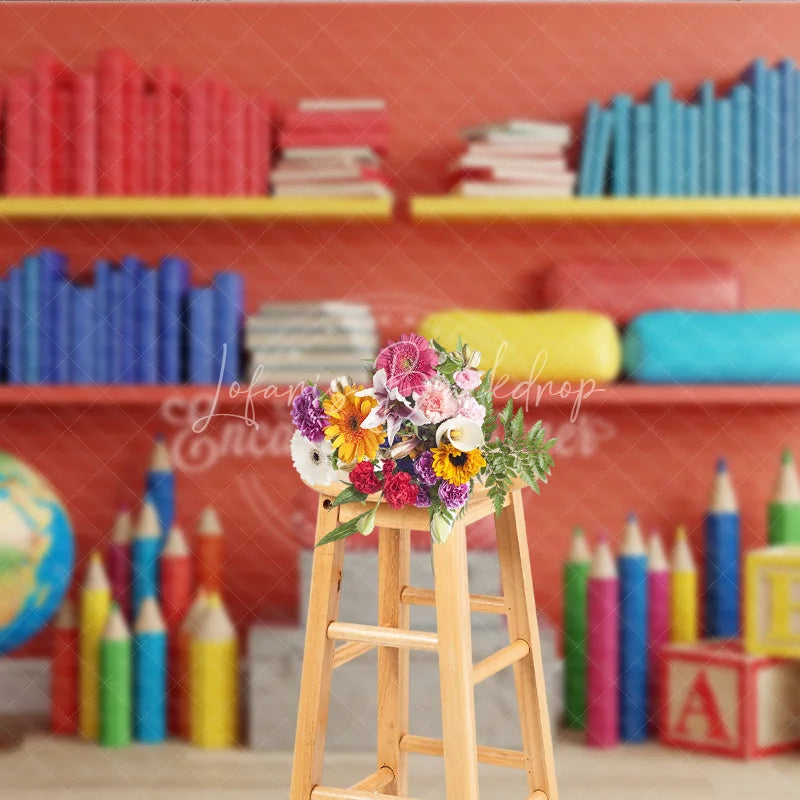 Lofaris Back to School Photography Backdrop Red Wall Library Bookshelf Background Colorful Pencil Photo Prop