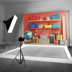 Lofaris Back to School Photography Backdrop Red Wall Library Bookshelf Background Colorful Pencil Photo Prop