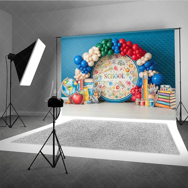 Lofaris Back to School Photography Backdrop Watercolor Globe Map Pencil Background Student Study Photo Prop