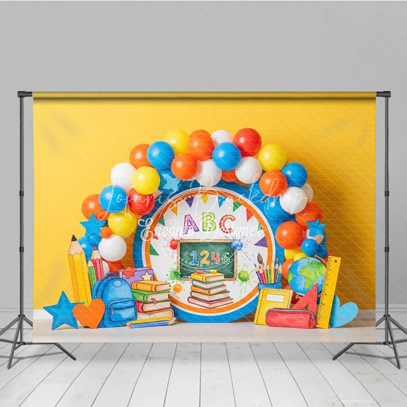 Lofaris Back to School Photography Backdrop Yellow ABC Chalkboard Book Background Kindergarten Photo Prop