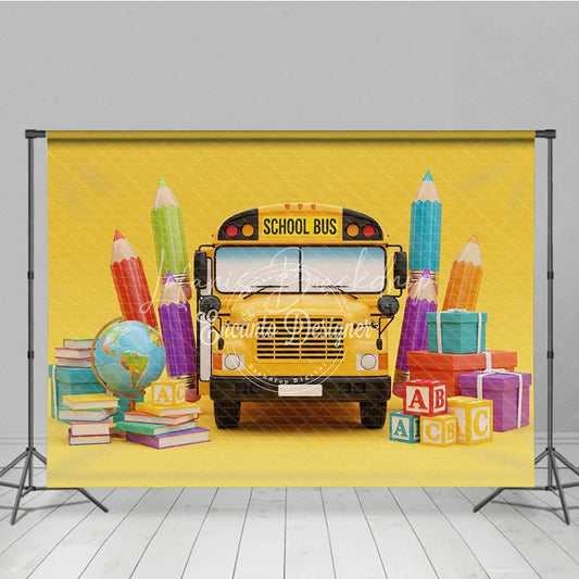 Lofaris Back to School Photography Backdrop Yellow Bus Pencil Background ABC Block Cartoon Photo Prop