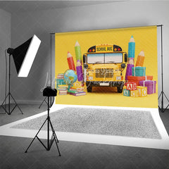 Lofaris Back to School Photography Backdrop Yellow Bus Pencil Background ABC Block Cartoon Photo Prop