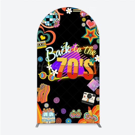 Lofaris Back to the 70s Groovy Birthday Arch Backdrop Retro Neon with Disco Ball Hippie Themed Party Decor