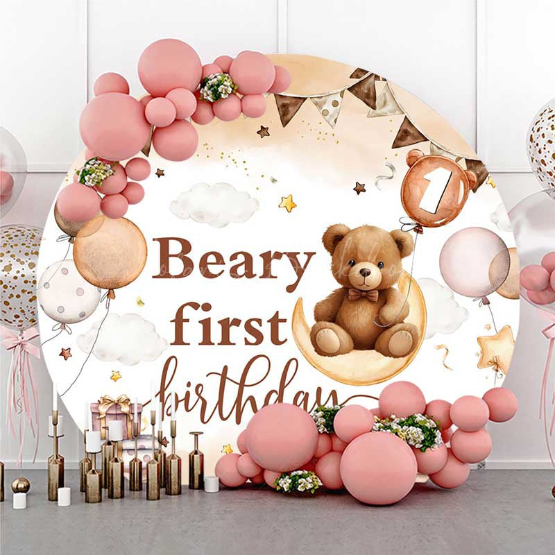 Lofaris Balloon Moon Beary First Birthday Round Backdrop