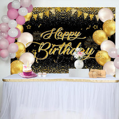 Lofaris Balloons Black Gold Glitter Happy Birthday Backdrop