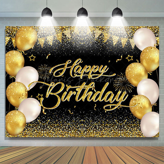 Lofaris Balloons Black Gold Glitter Happy Birthday Backdrop