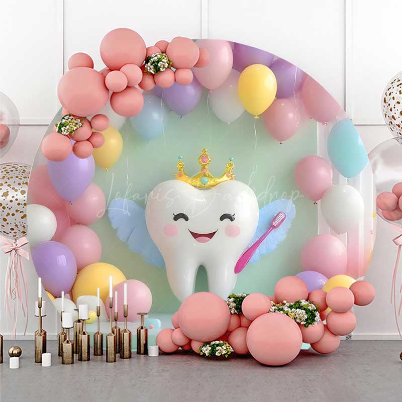 Lofaris Balloons Teeth Brush Kids Birthday Round Backdrop
