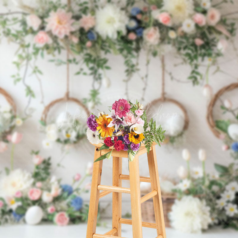 Lofaris Bamboo Basket Eggs White Wall Floral Easter Backdrop