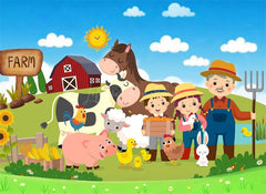 Lofaris Barnyard Farm Animals Birthday Backdrop Sunny Day at the with a Cow and Pig Fun Outdoor Party Decoration