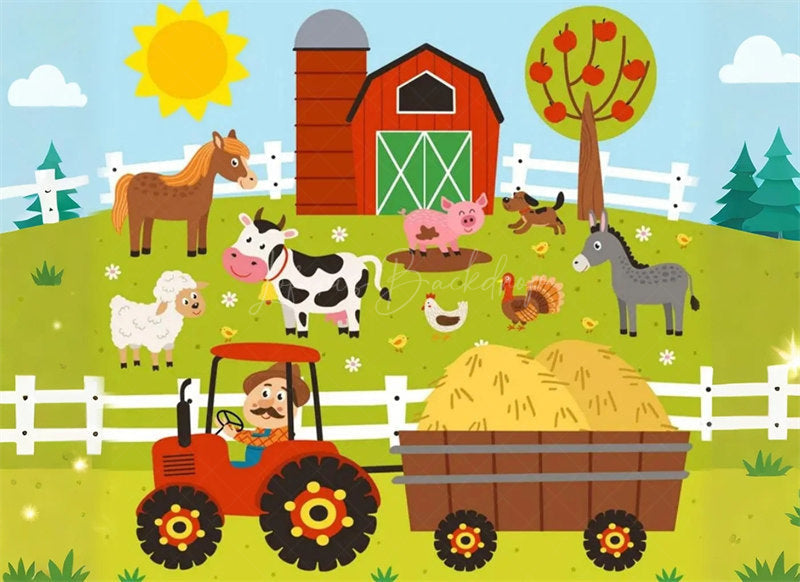 Lofaris Barnyard Farm Animals Birthday Backdrop Sunny Day at the with a Cow and Pig Fun Outdoor Party Decoration