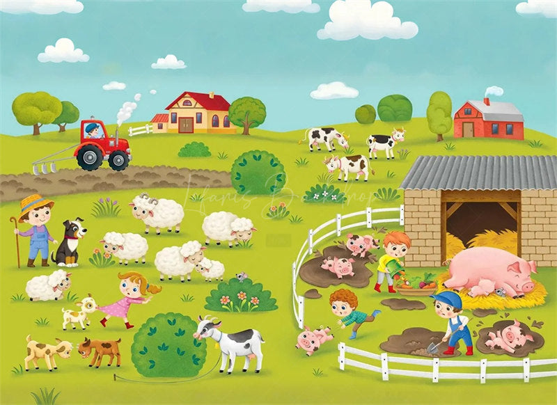 Lofaris Barnyard Farm Animals Birthday Backdrop Sunny Day at the with a Cow and Pig Fun Outdoor Party Decoration