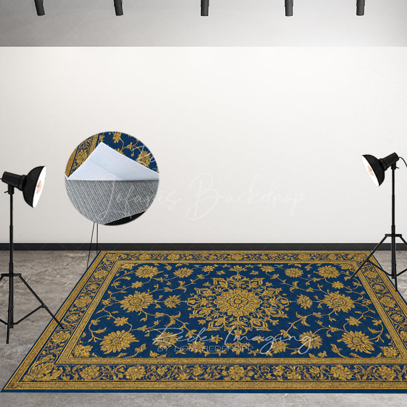 Lofaris Baroque Navy Gold Fabric Floor Backdrop For Photo
