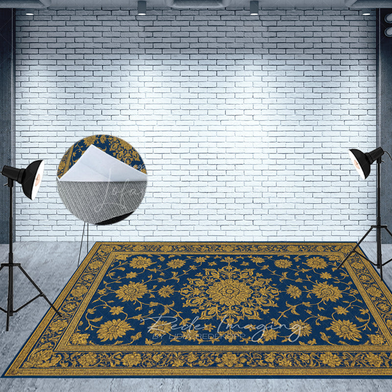 Lofaris Baroque Navy Gold Fabric Floor Backdrop For Photo