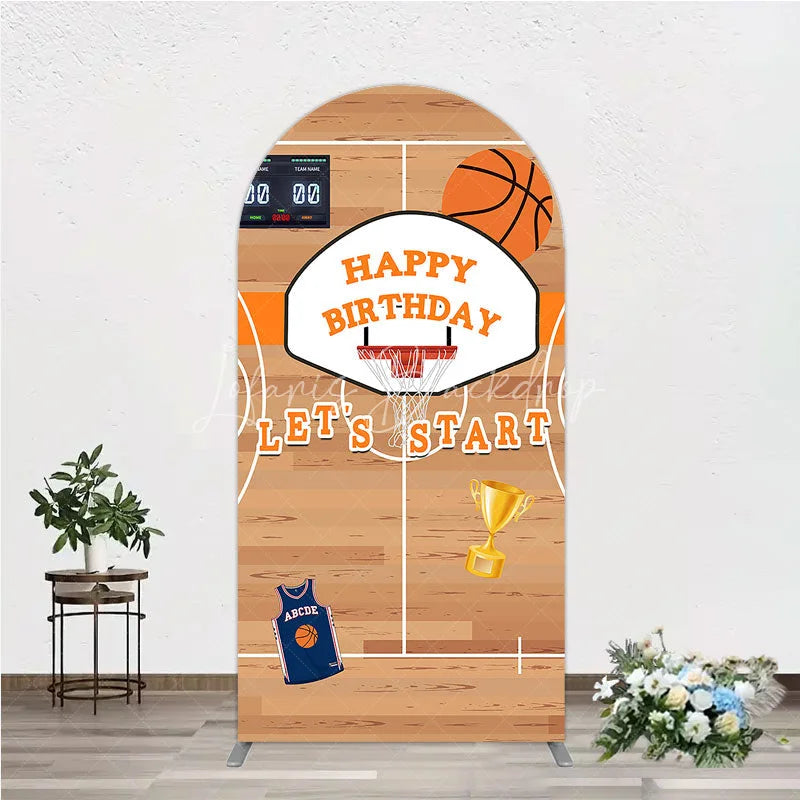 Lofaris Basketball Court Happy Birthday Arch Backdrop Kit with Hoop Ball and Trophy Game Day Sports Party Decor