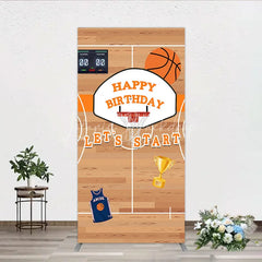 Lofaris Basketball Court Happy Birthday Rectangle Backdrop Kit with Hoop Ball and Trophy Game Day Sports Party Decor