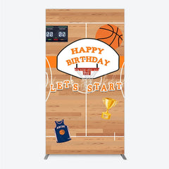 Lofaris Basketball Court Happy Birthday Rectangle Backdrop Kit with Hoop Ball and Trophy Game Day Sports Party Decor