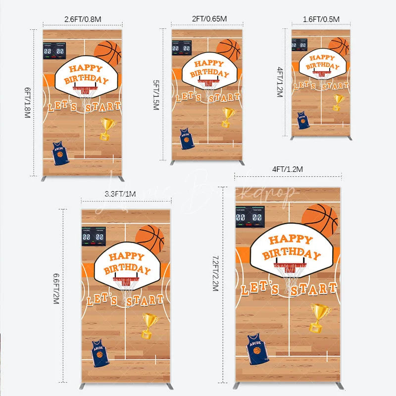 Lofaris Basketball Court Happy Birthday Rectangle Backdrop Kit with Hoop Ball and Trophy Game Day Sports Party Decor