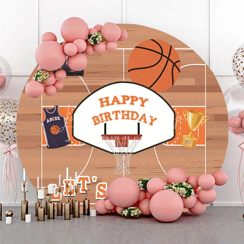 Lofaris Basketball Court Happy Birthday Round Backdrop Sports Game Theme Party Decor with Scoreboard and Trophy