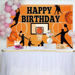 Lofaris Basketball Happy Birthday Backdrop for Boys Orange Sports Court with Player Silhouettes Slam Dunk Party Decor