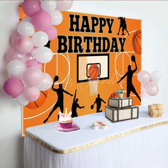 Lofaris Basketball Happy Birthday Backdrop for Boys Orange Sports Court with Player Silhouettes Slam Dunk Party Decor