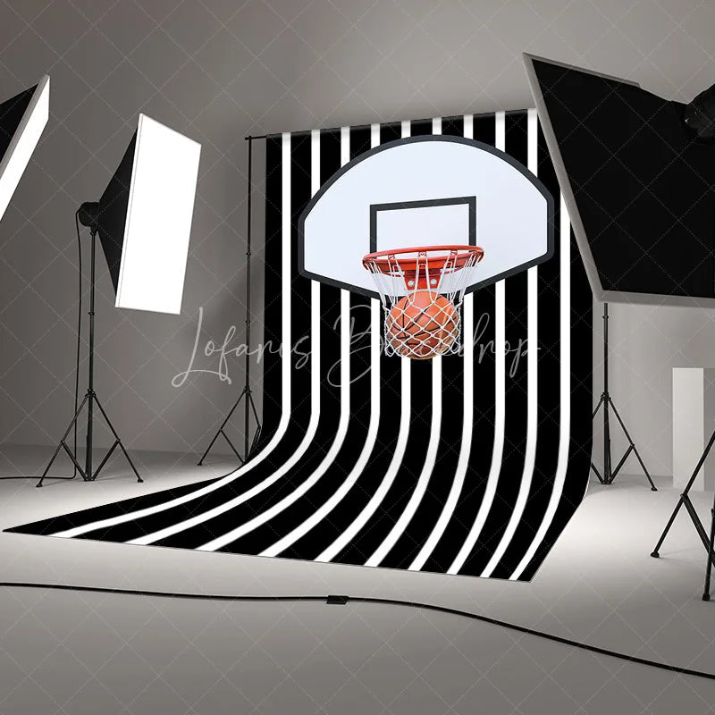 Lofaris Basketball Hoop Backdrop Sports Theme Party Decorations on Black and White Striped Background