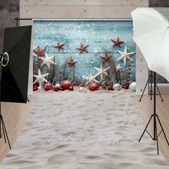 Lofaris Beach Christmas Sweep Backdrop Starfish Ornament Sand Photography Background Tropical Blue Wood Summer Holiday Party Decoration