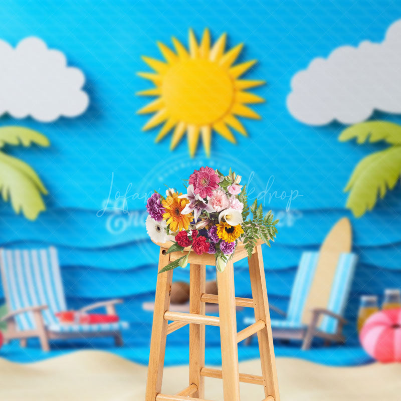 Lofaris Beach Scene Palm And Lounge Chairs Summer Backdrop