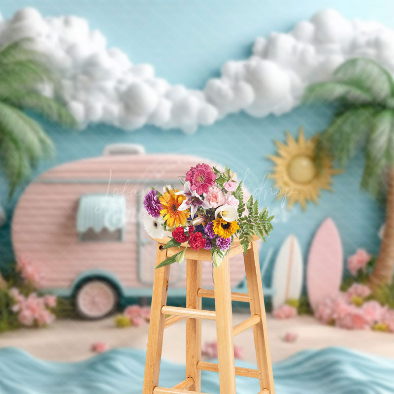 Lofaris Beach Tiki Bar Platter Scene Pink Trailer Backdrop
