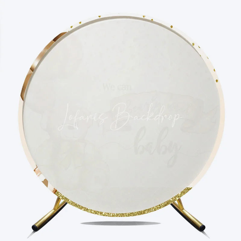 Lofaris Bearly Wait Round Backdrop Cute Teddy Bear and Gold Balloons Baby Shower Background Brown Cream Nursery Decor