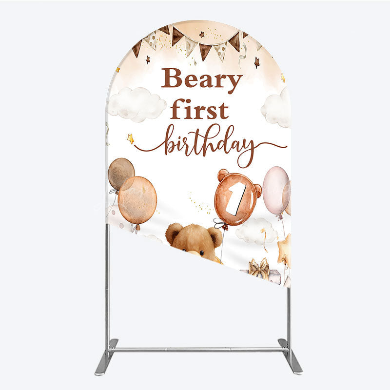 Lofaris Beary First Birthday Arch Backdrop for Boy Boho Teddy Bear on Moon with Balloons We Can Bearly Wait Party Decor