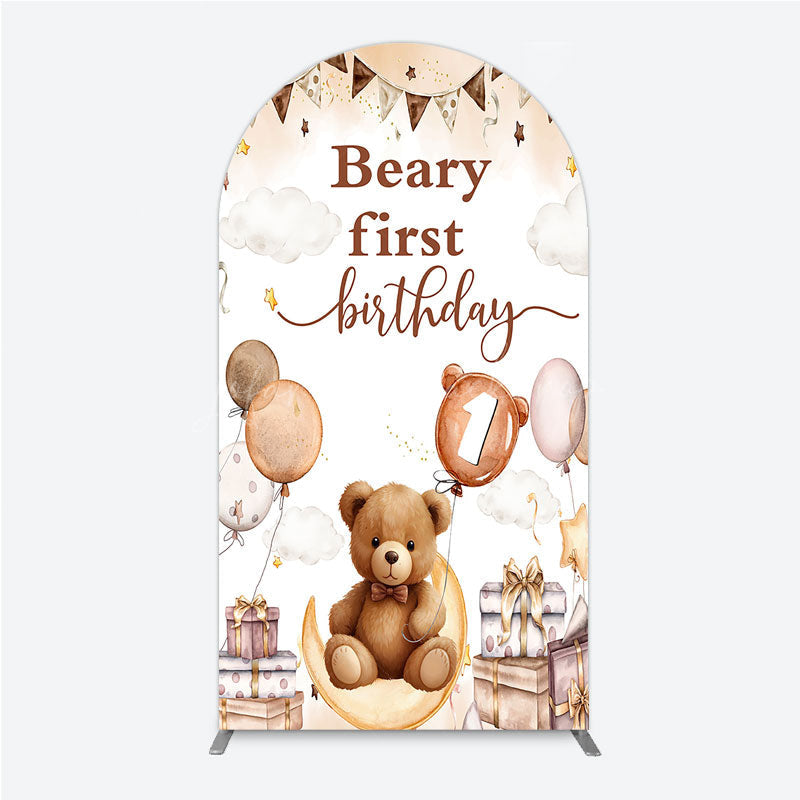 Lofaris Beary First Birthday Arch Backdrop for Boy Boho Teddy Bear on Moon with Balloons We Can Bearly Wait Party Decor