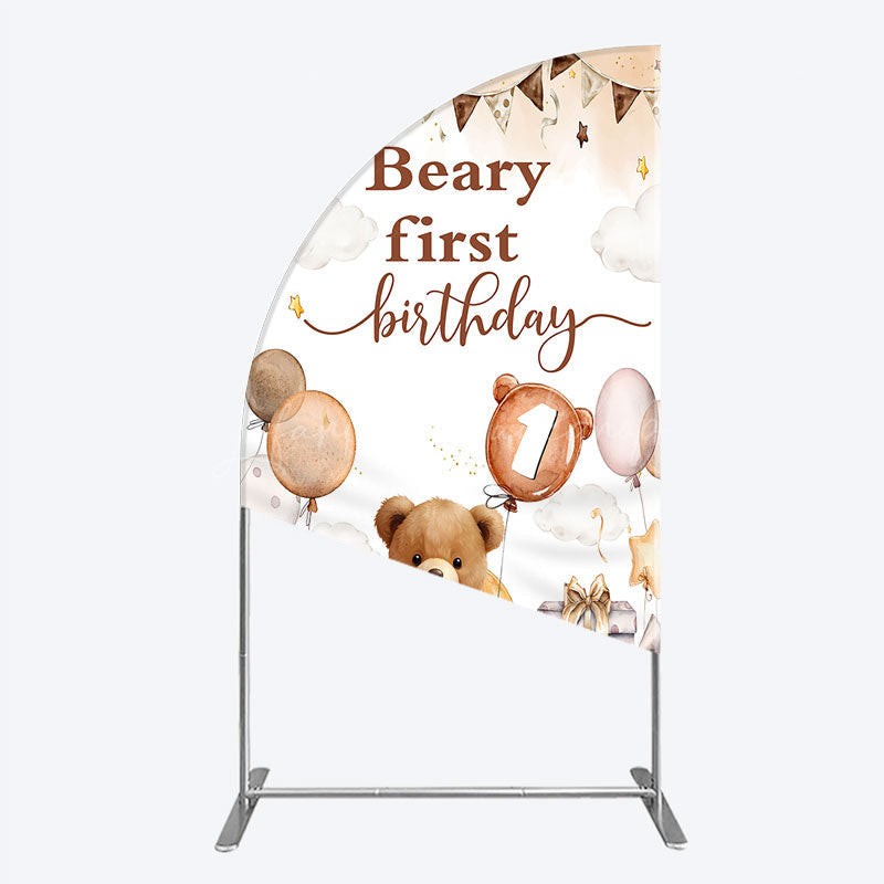 Lofaris Beary First Birthday Half Moon Arch Backdrop for Boy Boho Teddy Bear on with Balloons We Can Bearly Wait Party Decor