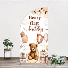 Lofaris Beary First Birthday Half Moon Arch Backdrop for Boy Boho Teddy Bear on with Balloons We Can Bearly Wait Party Decor