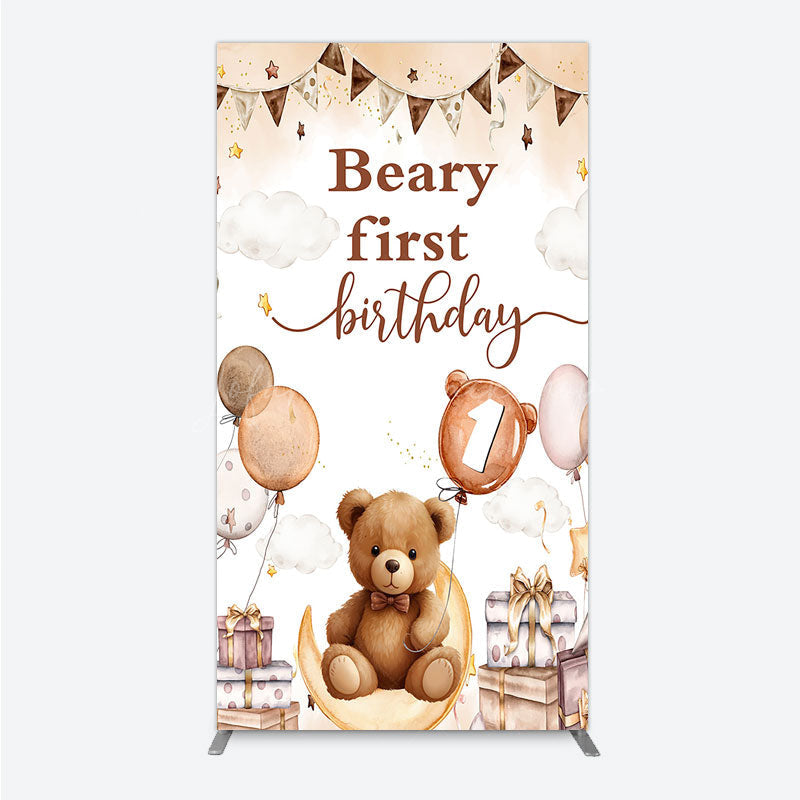 Lofaris Beary First Birthday Rectangle Backdrop for Boy Boho Teddy Bear on Moon with Balloons We Can Bearly Wait Party Decor