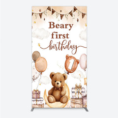 Lofaris Beary First Birthday Rectangle Backdrop for Boy Boho Teddy Bear on Moon with Balloons We Can Bearly Wait Party Decor