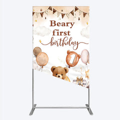 Lofaris Beary First Birthday Rectangle Backdrop for Boy Boho Teddy Bear on Moon with Balloons We Can Bearly Wait Party Decor
