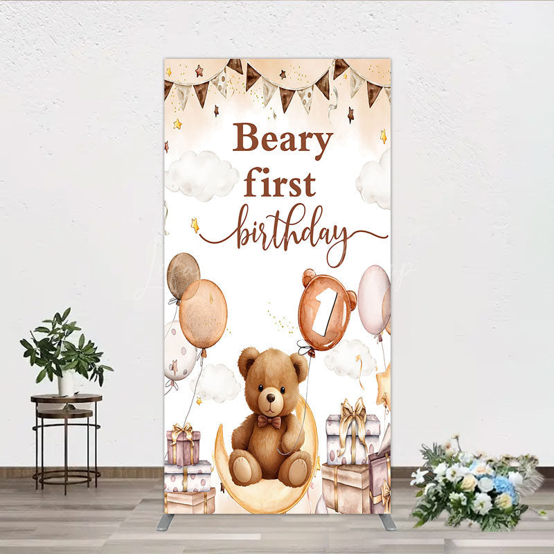 Lofaris Beary First Birthday Rectangle Backdrop for Boy Boho Teddy Bear on Moon with Balloons We Can Bearly Wait Party Decor