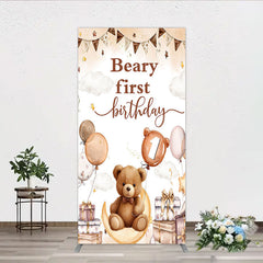 Lofaris Beary First Birthday Rectangle Backdrop for Boy Boho Teddy Bear on Moon with Balloons We Can Bearly Wait Party Decor