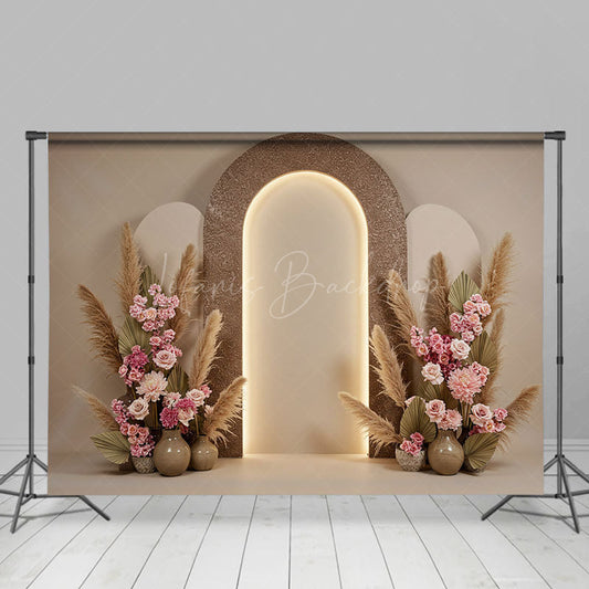 Lofaris Beige Arch Wall Boho Floral Wedding Photo Backdrop