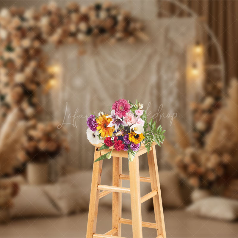 Lofaris Beige Boho Floral Tassel Lighted Photography Backdrop