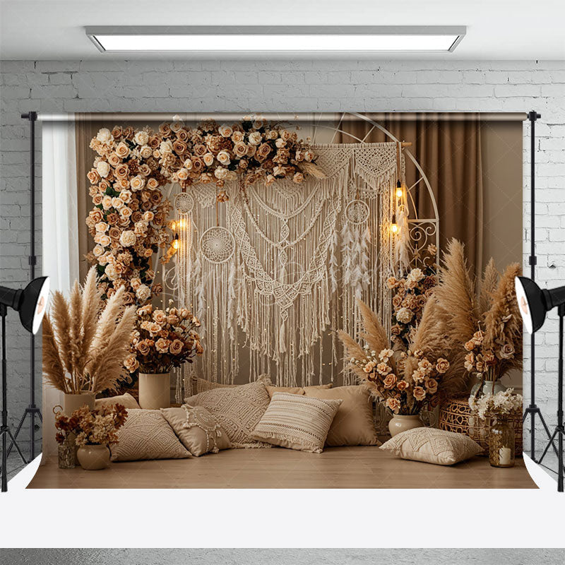 Lofaris Beige Boho Floral Tassel Lighted Photography Backdrop
