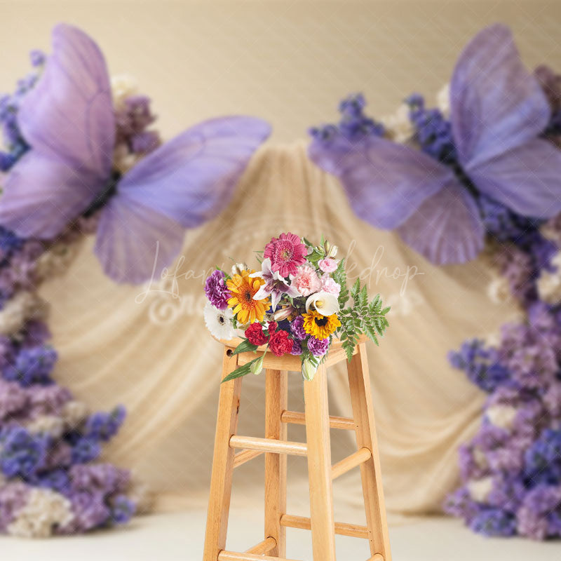Lofaris Beige Curtain Purple Floral Butterfly Wedding Backdrop