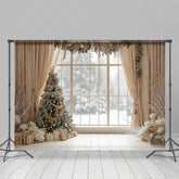 Lofaris Beige Curtain Xmas Tree Window Scene Photo Backdrop