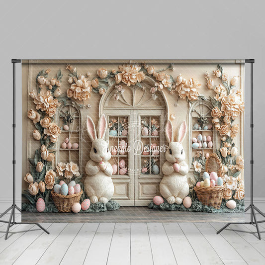 Lofaris Beige Floral Egg Boutique Bunny Easter Photo Backdrop