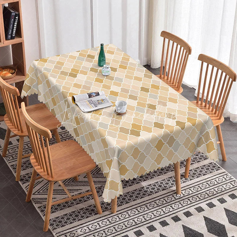 Lofaris Beige Geometric Trellis Rectangle Tablecloth Moroccan Quatrefoil Pattern Cover Modern Neutral Dining Decor