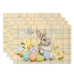 Lofaris Beige Plaid Easter Bunny Set of 4 Placemats Yellow Flower Rabbit Egg Table Mats for Spring