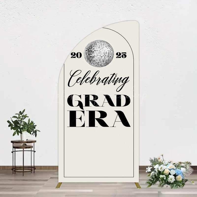 Lofaris Beige Silver Disco Ball Grad Era Party Half Moon Arch Backdrop